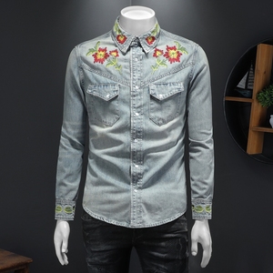 730/L688/P185 音樂家淺色刺繡重磅牛仔襯衣男士 花襯衣控258圖片