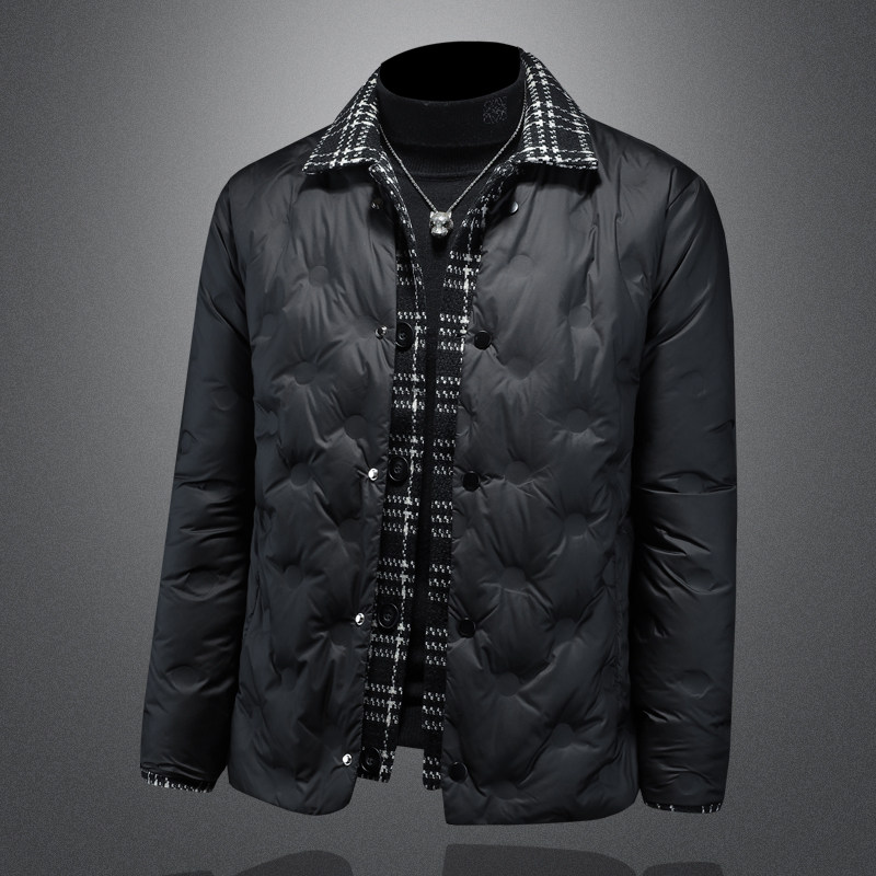 新风格冬新款呢料拼接假两件羽绒服男士修身质量好T88027/P280,男装羽绒服,钱塘730-1