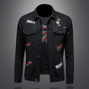730/B1059/P155 黑色徽章牛仔外套男士 精品牛仔夹克贴标牛仔衣,男装夹克,钱塘730-1