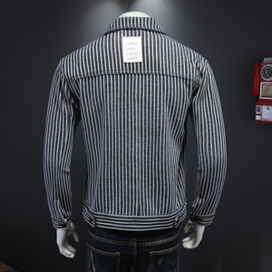 730/F3884/P145条纹口袋牛仔外套男蓝染料牛仔衣