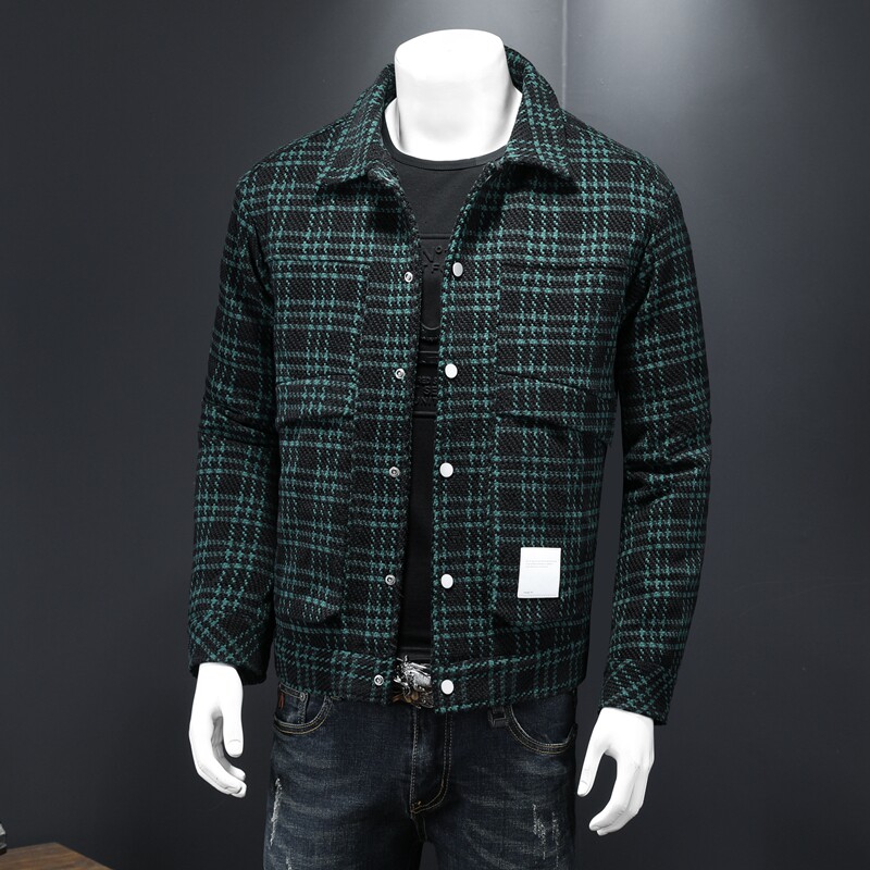 冬季羽绒服男黑绿格子翻领多口袋羽绒服美式呢料羽绒98805/P280,男装羽绒服,钱塘730-1