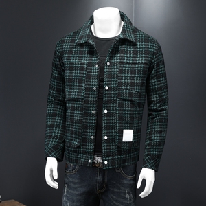 冬季羽绒服男 黑绿格子翻领多口袋羽绒服美式呢料羽绒98805/P280图片