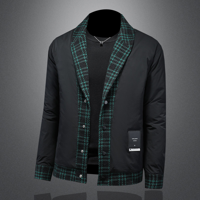 新风格冬季呢料拼接青果领羽绒服男士修身Y88023/P280大货,男装羽绒服,钱塘730-1