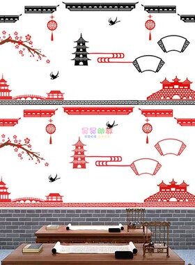 江南水墨风主题中国风边框幼儿园小学屋檐宝塔黑板报墙面装饰墙贴