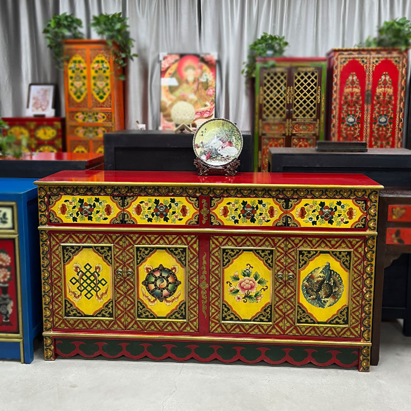 中式彩绘餐边柜实木储物柜客厅装饰柜民族风藏式佛堂柜彩绘家具