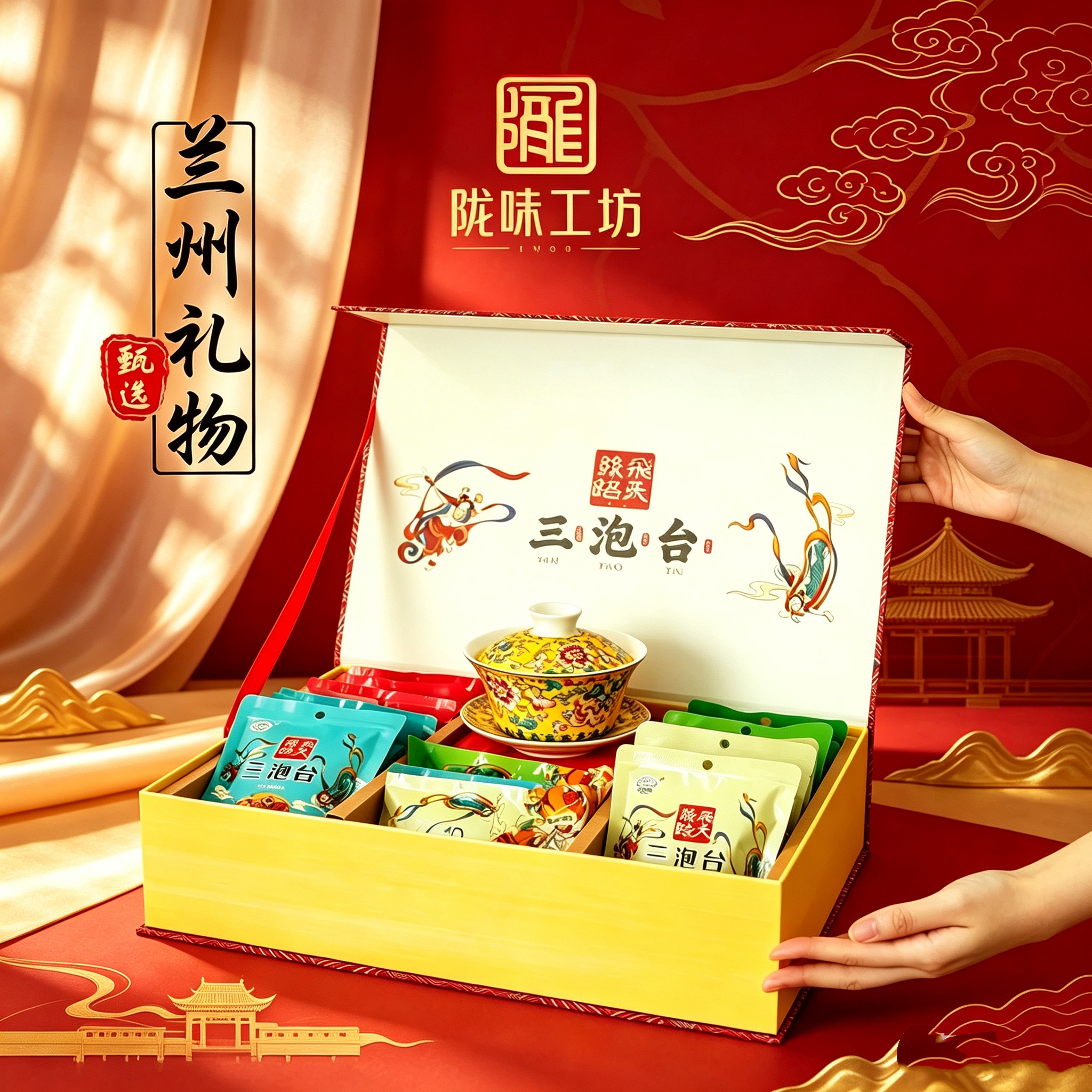 高档甘肃特产陇味工坊三泡炮台飞天盖碗八宝茶养生茶丝路送礼盒装