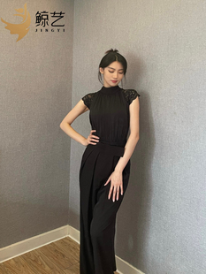 鲸艺拉丁舞摩登舞服时尚性感女半高领拼接短袖连体女上衣半身裙