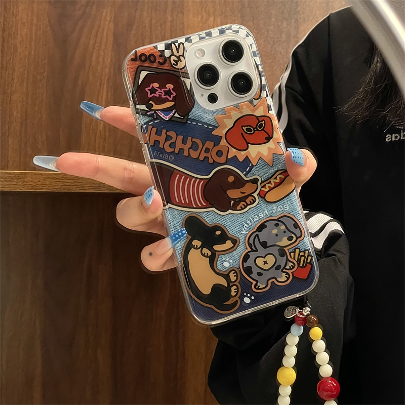 趣味小众甜美创意可爱卡通ins简约牛仔布汉堡薯条腊肠狗适用苹果15promax手机壳iphone14全包13防摔挂绳12软