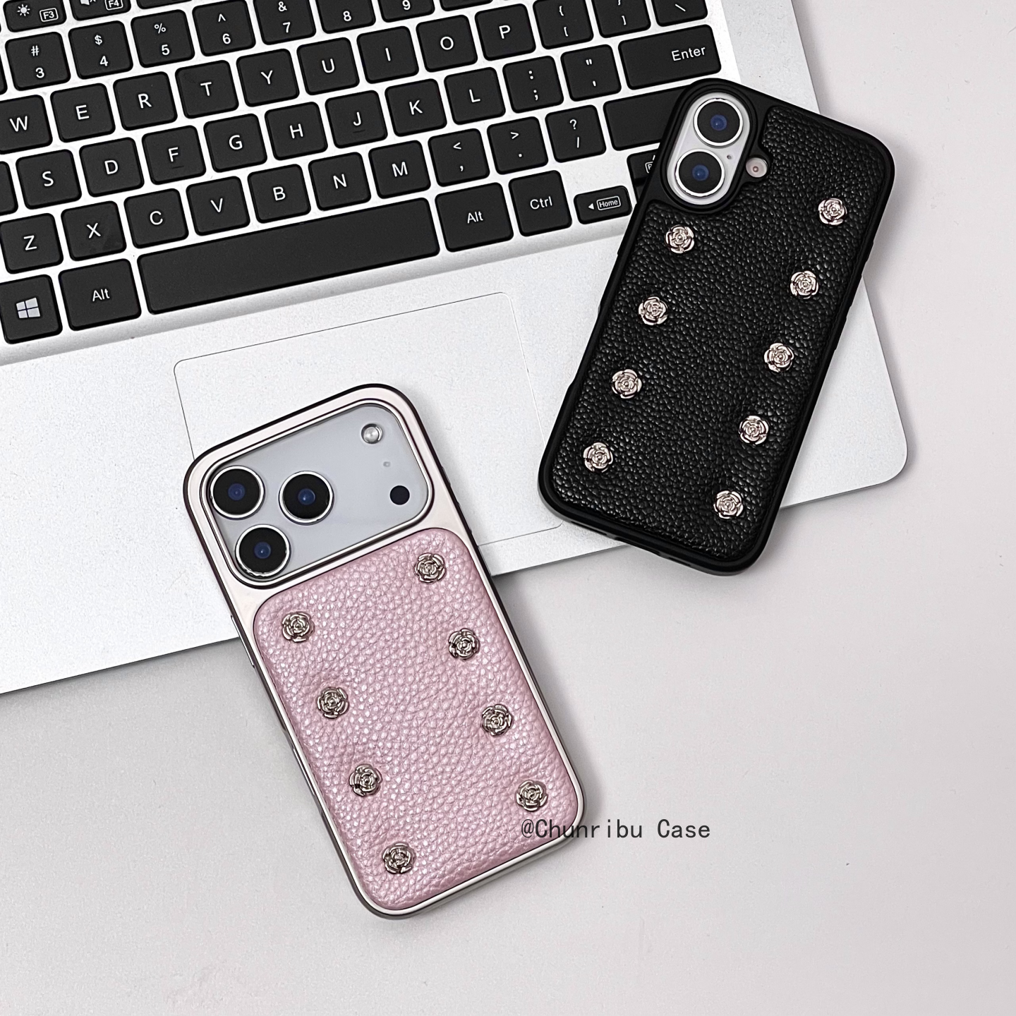 春日部防卫队Fighting｜高级感韩系ins简约荔枝皮纹玫瑰花柳钉适用苹果17/16promax手机壳双面iphone15/14/13