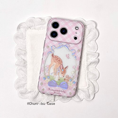 春日部防卫队Fighting｜日韩ins可爱卡通粉色格纹镂空小鹿斑比鎏金适用苹果17/16promax手机壳iphone15/14/13