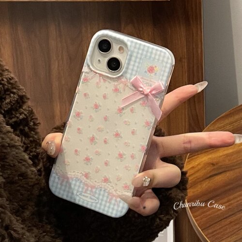 格纹花朵立体蝴蝶结手机壳