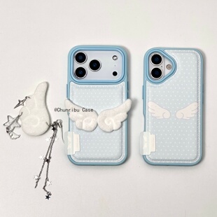 春日部防卫队Fighting｜日韩ins小清新皮纹蓝底波点翅膀秋冬韩系适用苹果17/16promax手机壳iphone15/14/13