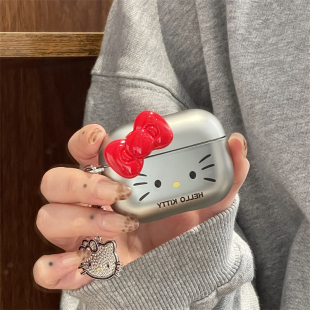 日韩可爱创意卡通小众电镀银蝴蝶结kitty吊坠适用苹果airpods1 4无线蓝牙pro二代新三代防摔耳机保护套