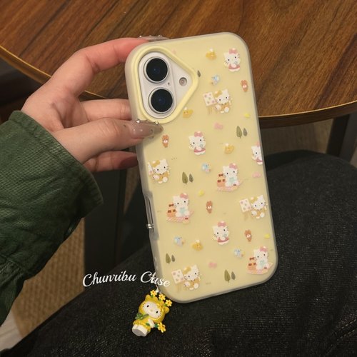 日韩ins可爱卡通少女春夏新款肤感磨砂野餐hellokt猫适用苹果16promax手机壳挂绳链条iphone15/14/13全包