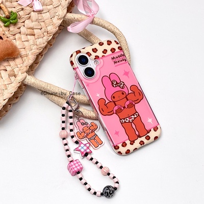 春日部防卫队Fighting｜可爱卡通搞怪豹纹粉拼接肌肉美乐蒂适用苹果17/16promax手机壳挂绳iphone15/14/13