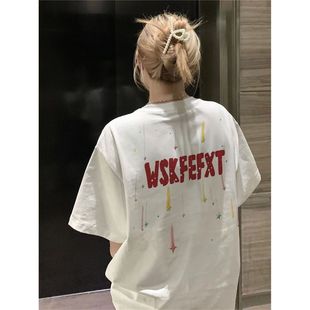 100%纯棉白色短袖 设计感上衣 T恤男女宽松ins新款 美式
