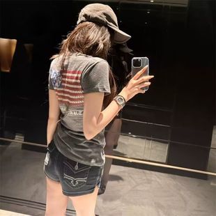 t恤女夏显瘦高街舞蹈正肩上衣潮 纯欲V领星条旗印花收腰深灰色短袖