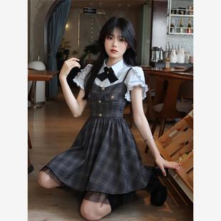 衬衫 美式 短袖 学院风jk制服套装 收腰显瘦格纹背带裙两件套潮 女夏季