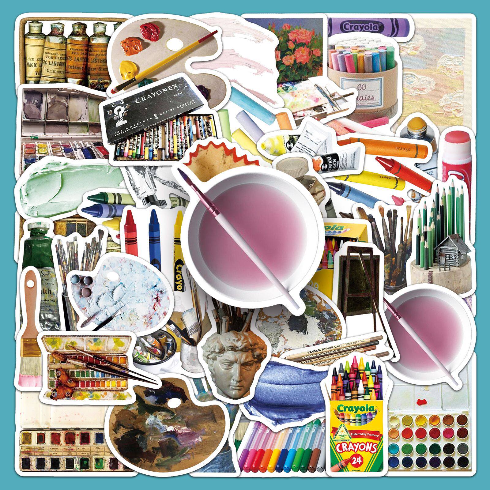 50张美术工具涂鸦贴纸画板画笔用具创意咕卡装饰手机水杯DIY贴纸