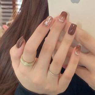 手工订制秋冬新款 气质裸色美甲贴片纯欲风穿戴甲 美拉德珍珠中长款