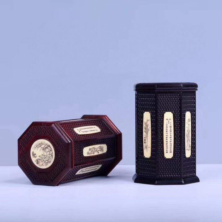 红木质酸枝嵌骨茶叶罐创意工艺品收纳罐八角雕刻摆件收纳