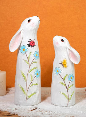 跨境创意复活节木刻对兔套装家居北欧户外花园装饰树脂品摆件