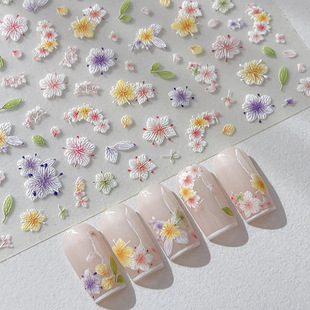 春日浮雕干花美甲贴纸简约甜美五瓣花指甲贴日系仿真干花美甲贴花