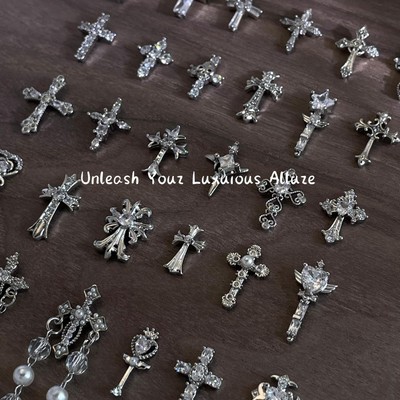 1颗装lz美甲416复古银白镶钻高保色锆石十字架克罗心立体指甲装饰