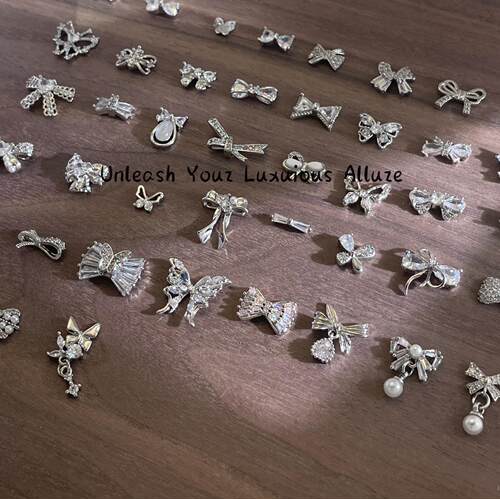 lz新款413金属锆石满钻轻奢美甲银白色蝴蝶结立体指甲装饰品1颗装