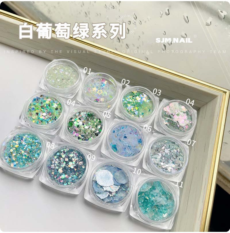 跨境美甲白葡萄绿星星亮片闪粉素材 云锦碎片贝壳片亮粉指甲材料