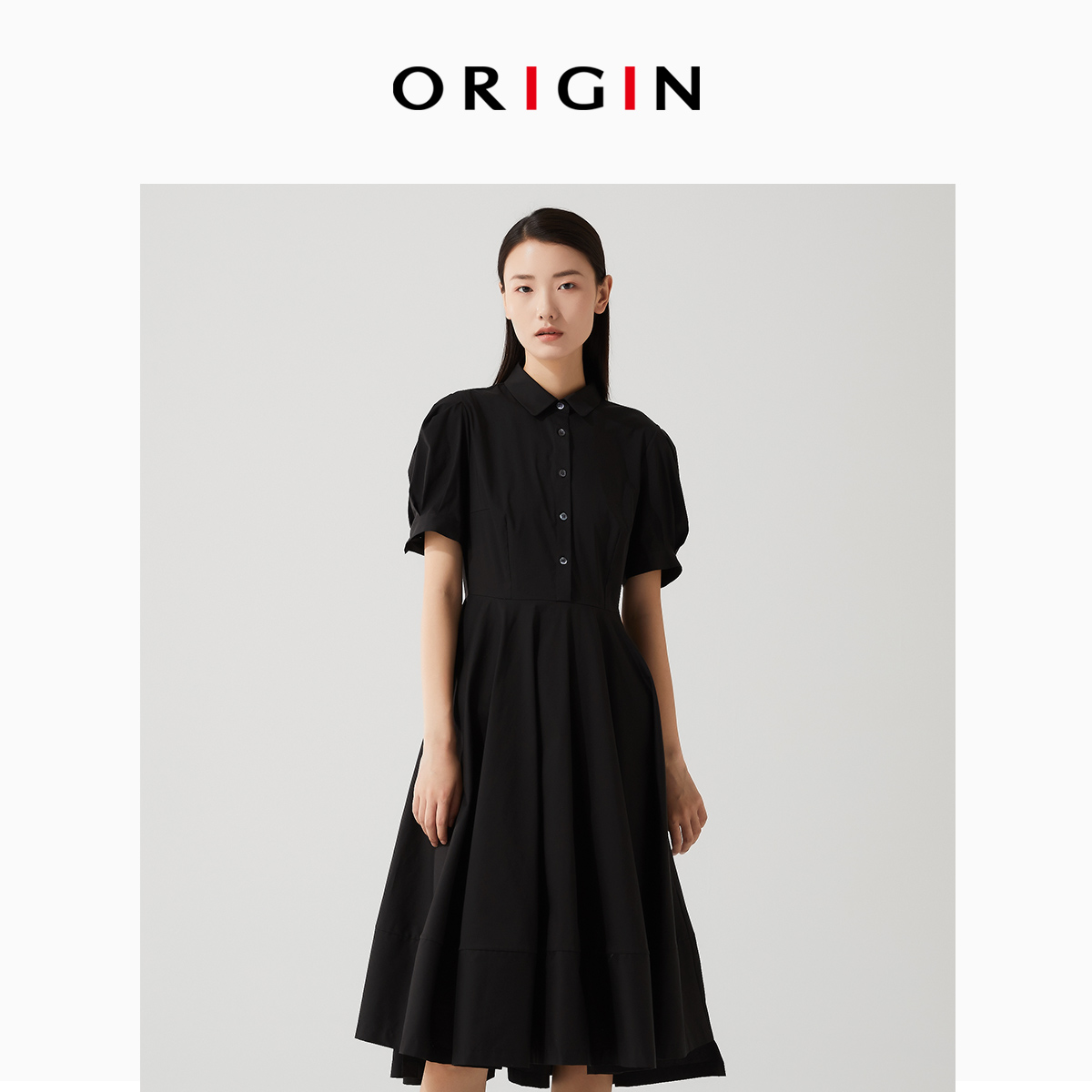 ORIGIN/安瑞井夏季新款纯色连衣裙女优雅显瘦中长款连衣裙