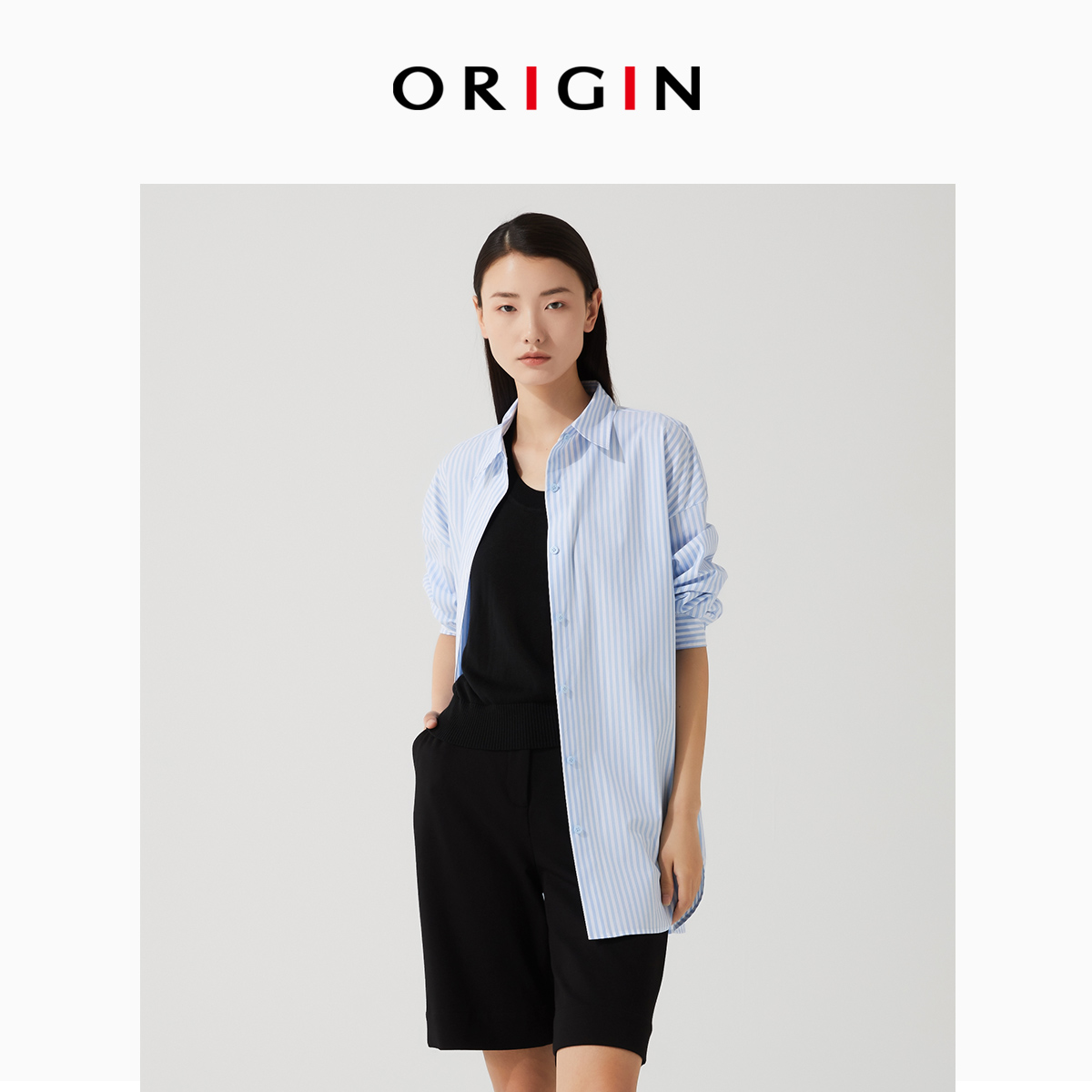 ORIGIN/安瑞井新款简约百搭衬衫女全棉长袖拼接蓝白条纹衬衫