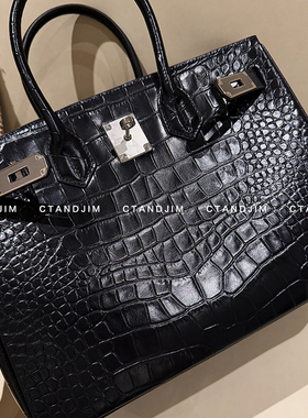 CTANDJIM基本手工包 黑鳄鱼头层牛皮bk30精钢五金 手袋 手提包