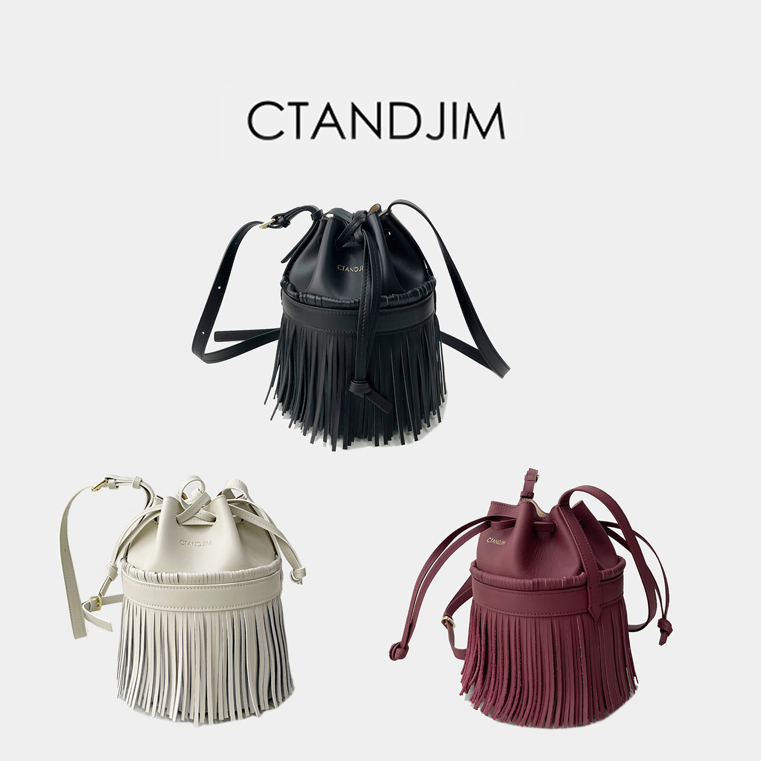 CTANDJIM牛货设计感重工头层牛皮流苏抽绳水桶包 斜挎包 福袋包