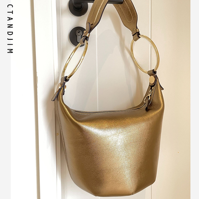 CTANDJIM贝拉复古千禧风腋下hobo包 水桶包 金色单肩包绵羊皮