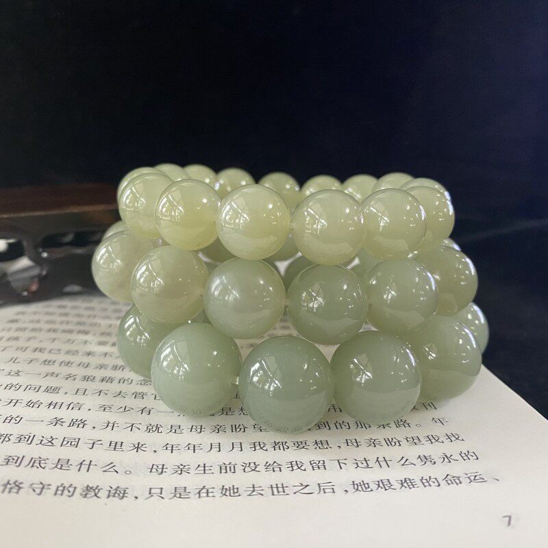 假了双倍赔 天然和田青白玉手饰14 16 18圆珠男款手链佛珠手串