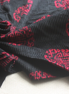 新品纯棉布粗条绒藏蓝色国风印染大花加厚服装面料140cm宽1米价