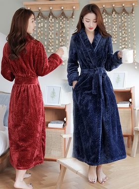 长款珊瑚绒睡袍女冬修身一体式浴袍男双面加绒加厚防寒保暖睡衣女