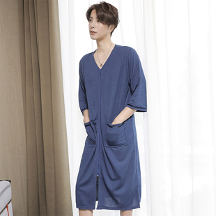 睡衣男夏成人一体式睡袍浴袍男宽松版加大码薄款家居服可出门睡衣