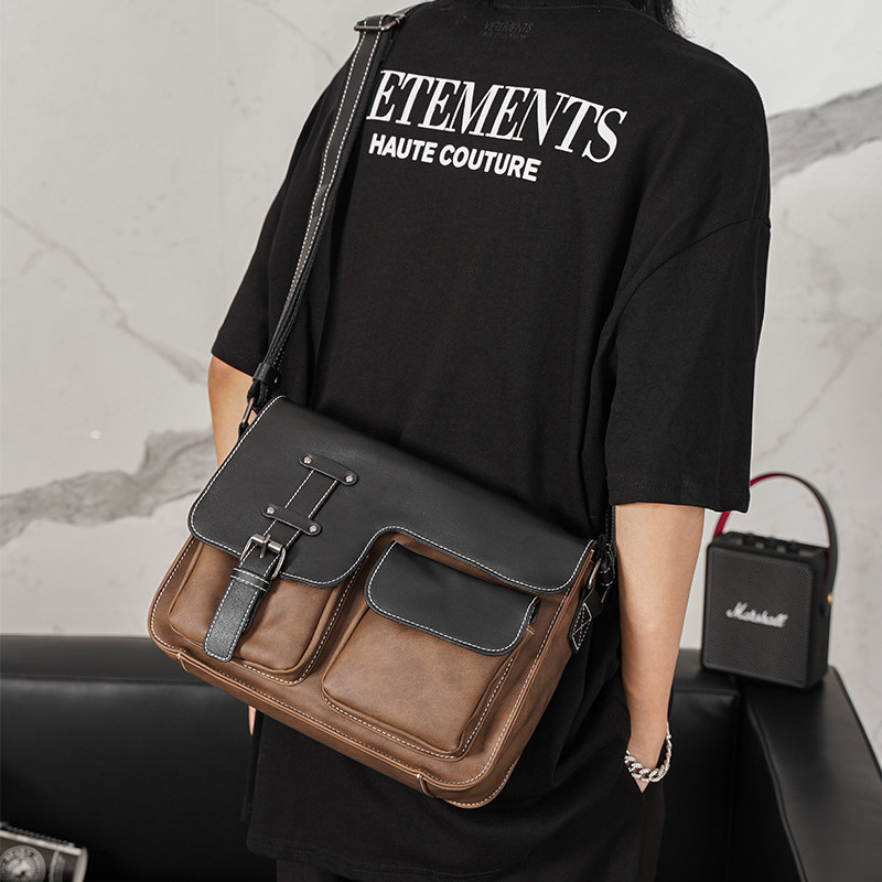 邮差包男单肩包休闲大容量斜挎包休闲男士通勤包横款复古翻盖跨包