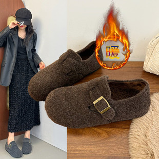 灰色加绒勃肯单鞋女内增高2025秋冬新款保暖毛毛棉鞋一脚蹬懒人鞋