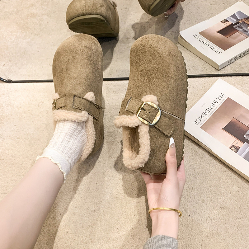 加绒博肯鞋女全包2025秋冬新款厚底毛毛棉鞋乐福鞋低帮雪地靴鞋子