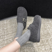 高个子外穿棉鞋 平底灰色加绒博肯鞋 全包保暖毛毛鞋 新款 女2025冬季