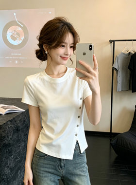 大码胖mm简约白色不规则开叉短袖T恤夏季侧边纽扣设计感上衣女