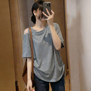 微胖MM大码不规则抽绳拼接圆领露肩短袖女T恤夏季宽松遮肚上衣潮