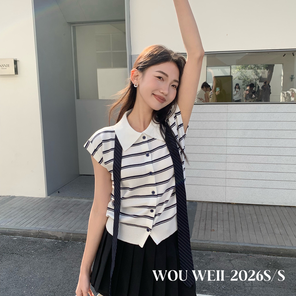 WOU WEII 無尾-o领小飞袖短袖修身老钱风女针织开衫(配领带)86101