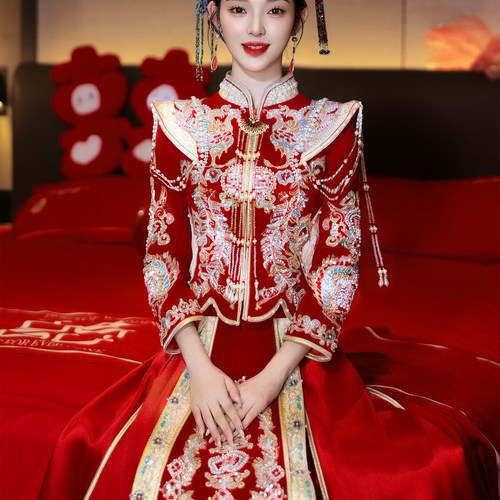 丝绒秀禾服中式婚纱婚服冬季