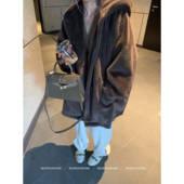 收藏温暖 MOMENTHOME 咖啡色通勤连帽仿貂毛环保皮草外套 现货