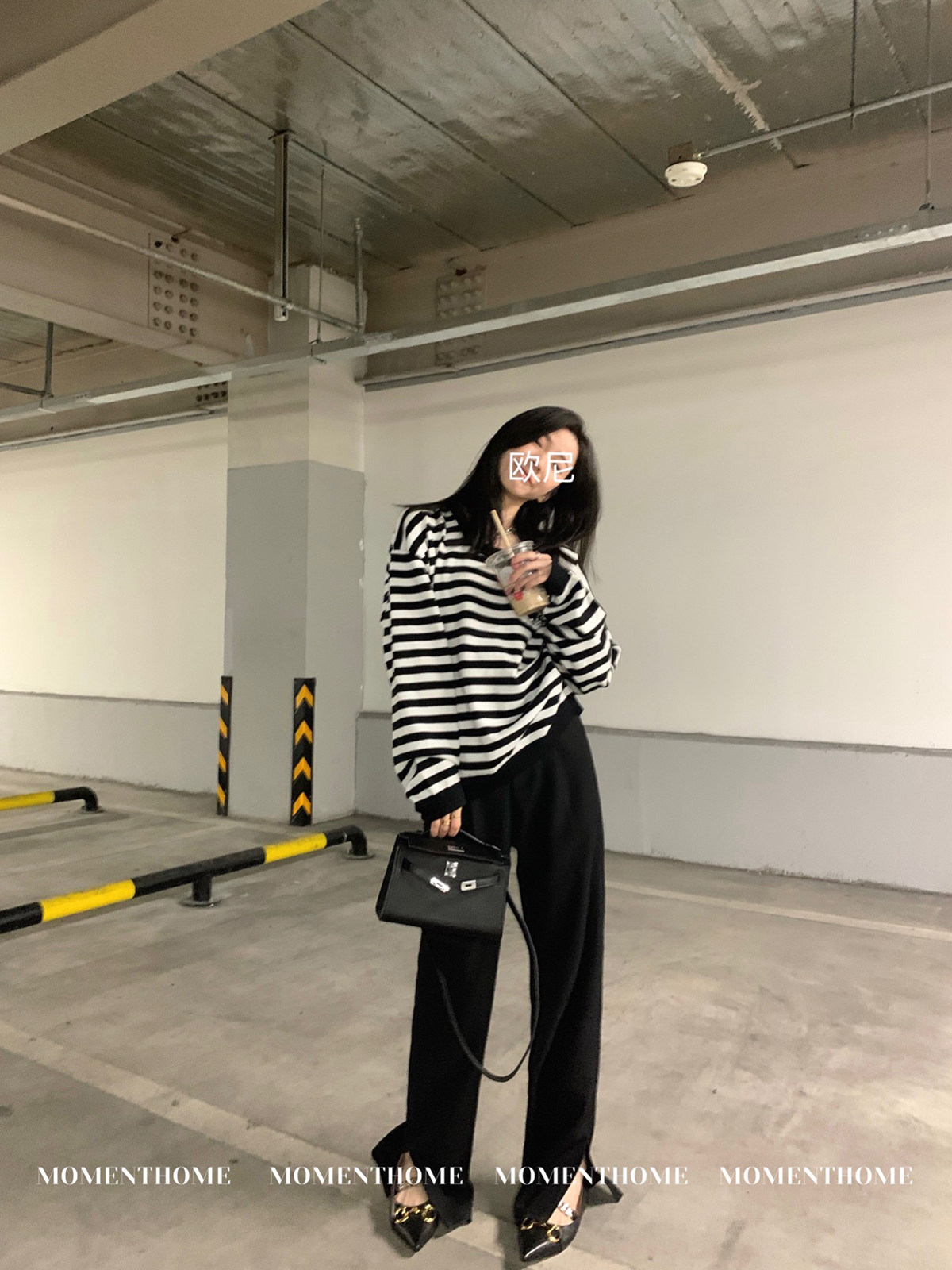 松紧腰开叉直腿显瘦休闲裤图片