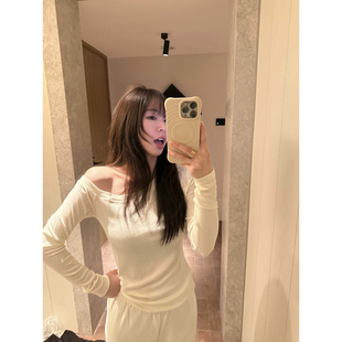简约百搭糯糯莱赛尔天丝斜肩长袖 T恤上衣女 娜娜自制 MOMENTHOME